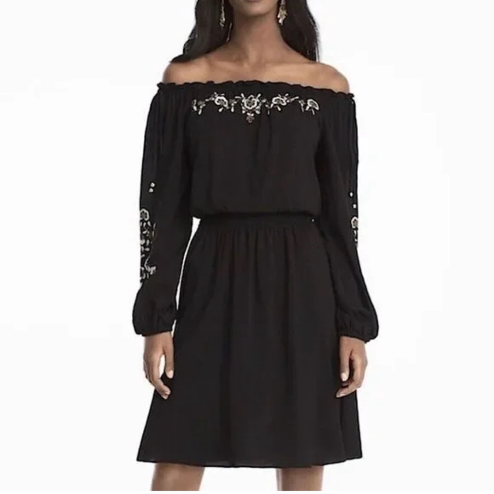 WHBM Off-The-Shoulder Embroidered Black Blouson Dress sz XS
